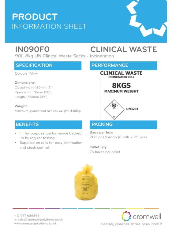 Yellow Heavy Duty Clinical Waste Sacks 90 Ltr 8 Kgs (25)